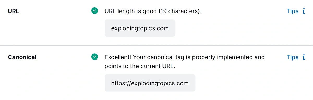 URL and canonical tag checks for an example URL