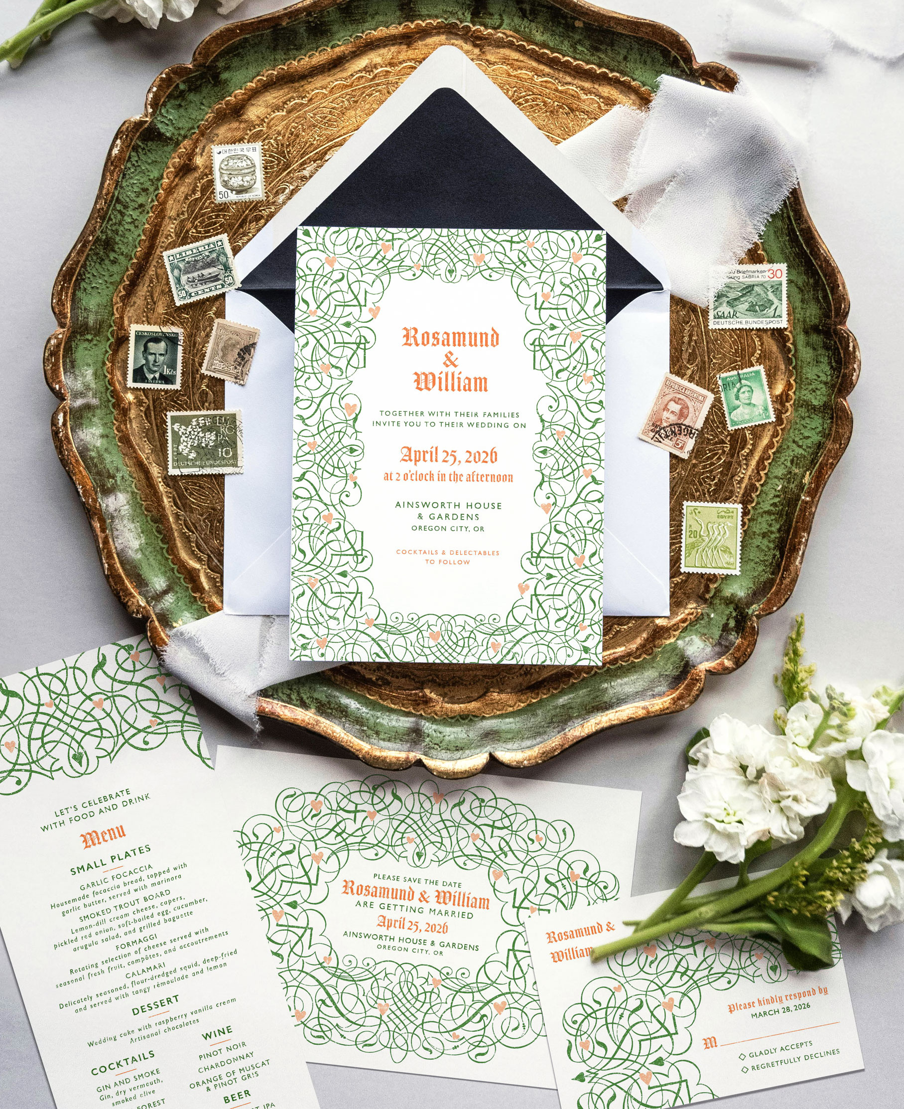 Verdant Flourish Wedding Stationery Suite blackletter calligraphy collection graphic design illustrator invitation ornamental photoshop rsvp stationery suite vintage wedding