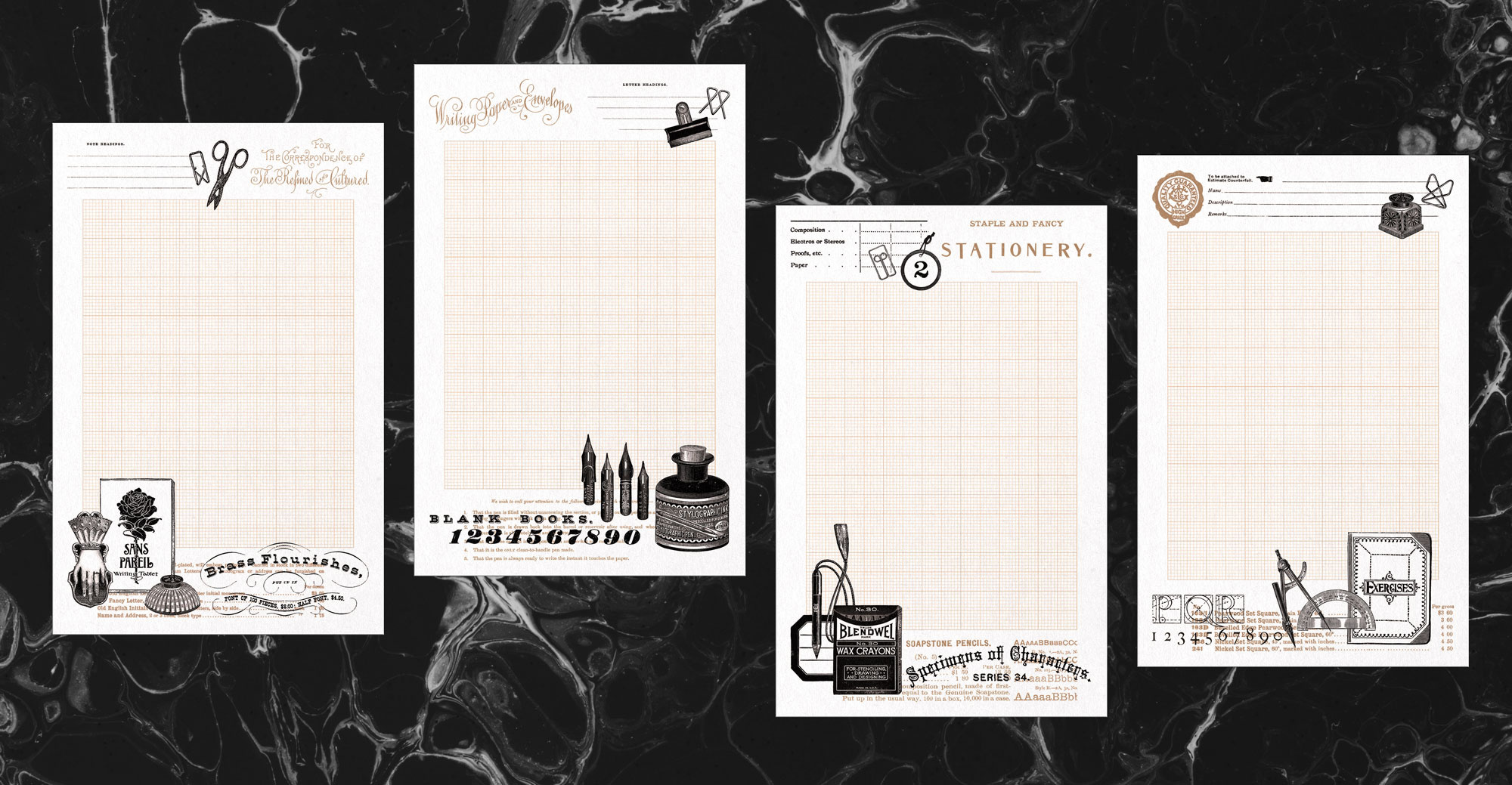 Vintage Office Supply Stationery Design graphic design grid inkwell journal letter paper multi page nibs office supplies paper clips photoshop stationery typography vintage