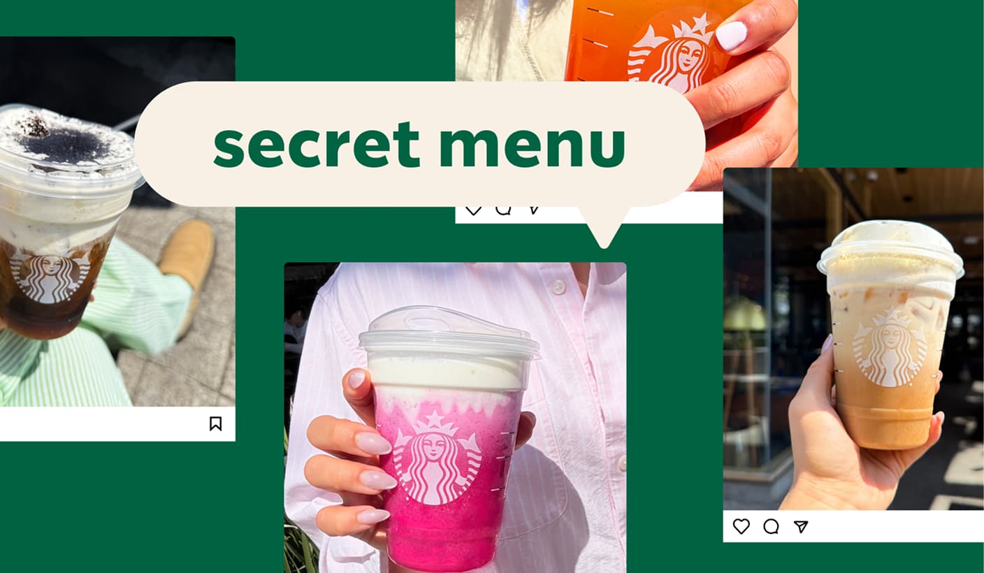 A collage of four cropped Instagram photos on a green background, each featuring a hand holding a Starbucks drink. An off-white speech bubble that reads "secret menu" overlaps them.