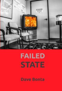 Failed State cover with image of waiting room with televison displaying flames