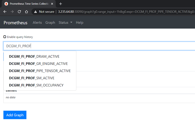 Image showing the profiling metrics served by dcgm-exporter in the Prometheus dashboard.