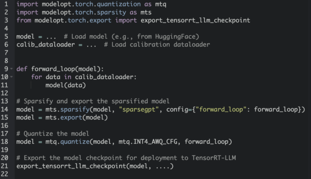 This is a code snippet to demonstrate how to combine sparsity and quantization with Model Optimizer’s (modelopt package) composable APIs.