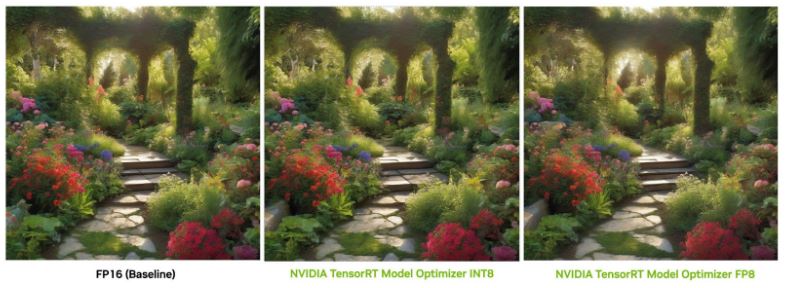 Three side-by-side images of a garden with stone path and flowers with nearly identical image quality: FP16 baseline image (left); NVIDIA TensorRT Model Optimizer INT8 image (middle); NVIDIA TensorRT Model Optimizer FP8 (right).