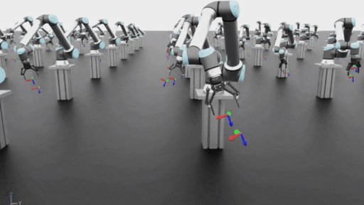 GIF showing the UR10e robot performing motion generation using the trained model in Isaac Lab simulation.