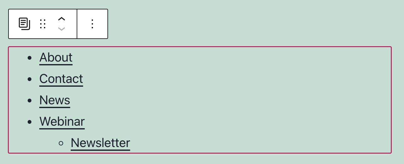 Page List block displaying the site's published page.