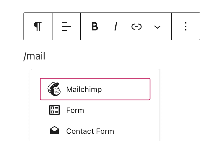 아래에 나타나는 일치하는 블록이 표시되도록 공백에 입력한 텍스트 "/mail"