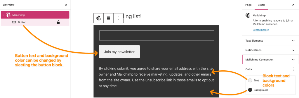 블록 설정에서 버튼만 색상을 변경할 수 있도록 목록 보기에서 Mailchimp 블록의 버튼을 열어서 표시하는 예시