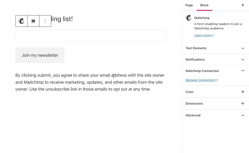 Mailchimp 블록의 안쪽 여백 및 여백 시연