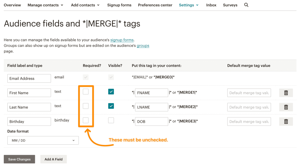 워드프레스 사이트에서 양식이 작동하려면 선택 취소해야 하는 필드 주위가 강조 표시된 Mailchimp의 잠재 고객 필드 섹션. 해당 필드는 이메일을 제외한 모든 것입니다.