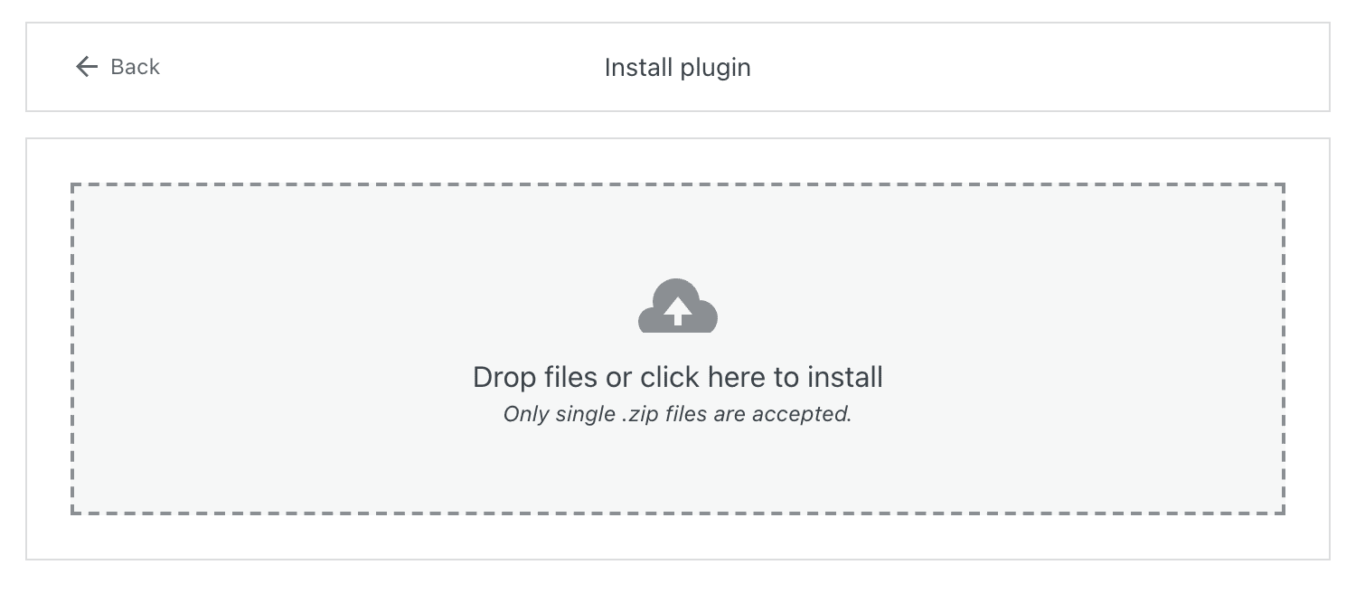 The Install plugin screen with a box that has the text "Drop files or click here to install"