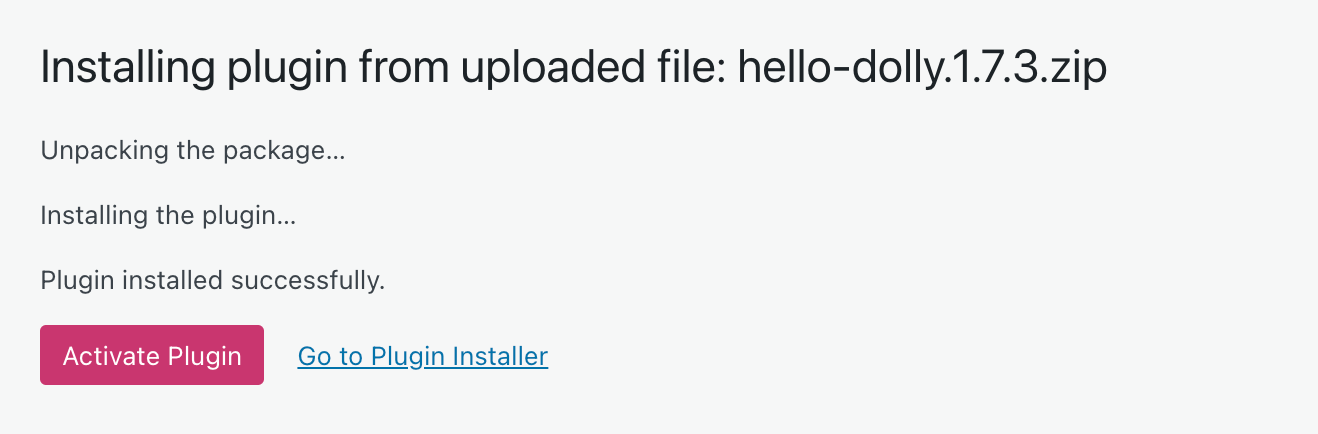 Screenshot with a zoom in on the "Activate Plugin" button in WP Admin, after uploading a plugin's ZIP folder