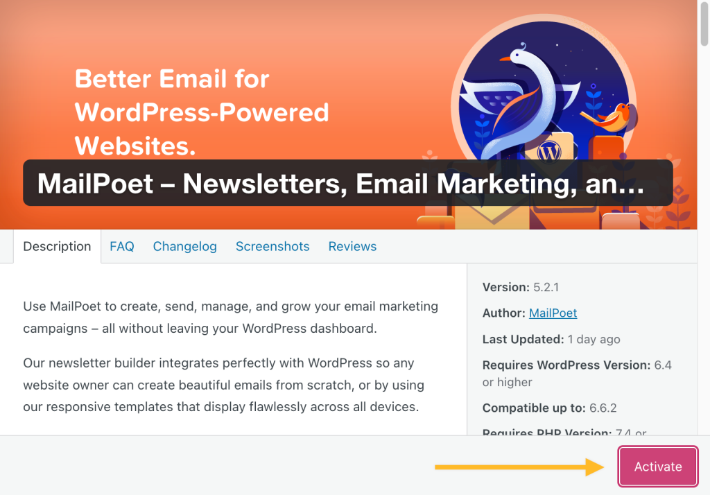 Screenshot of the plugin module for MailPoet in WP Admin. An arrow is point to the "Activate" button for the plugin.