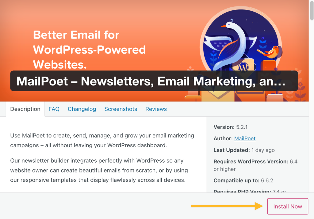 Screenshot of the plugin module for MailPoet in WP Admin. An arrow is point to the "Install Now" button for the plugin.