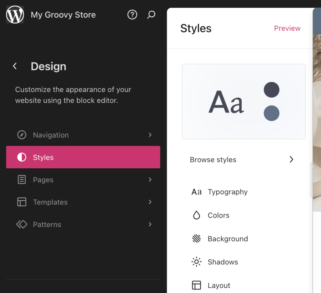 站点编辑器打开到“设计”面板,其中“样式”菜单已激活。