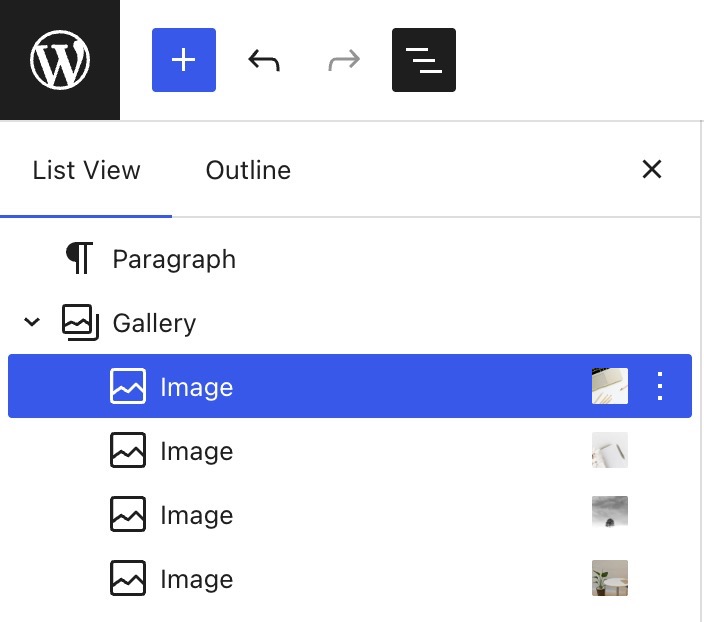 「リスト表示」が開き、「ギャラリーブロック」にネストされた画像のリストが表示されます。