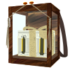 A wooden case with straps like a backpack, holding a yellow cake box with a bow and tall windows that suddenly flash long beams of light