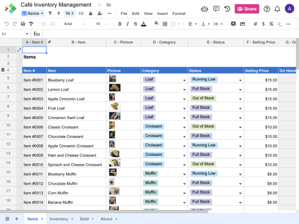 Product Data Spreadsheet