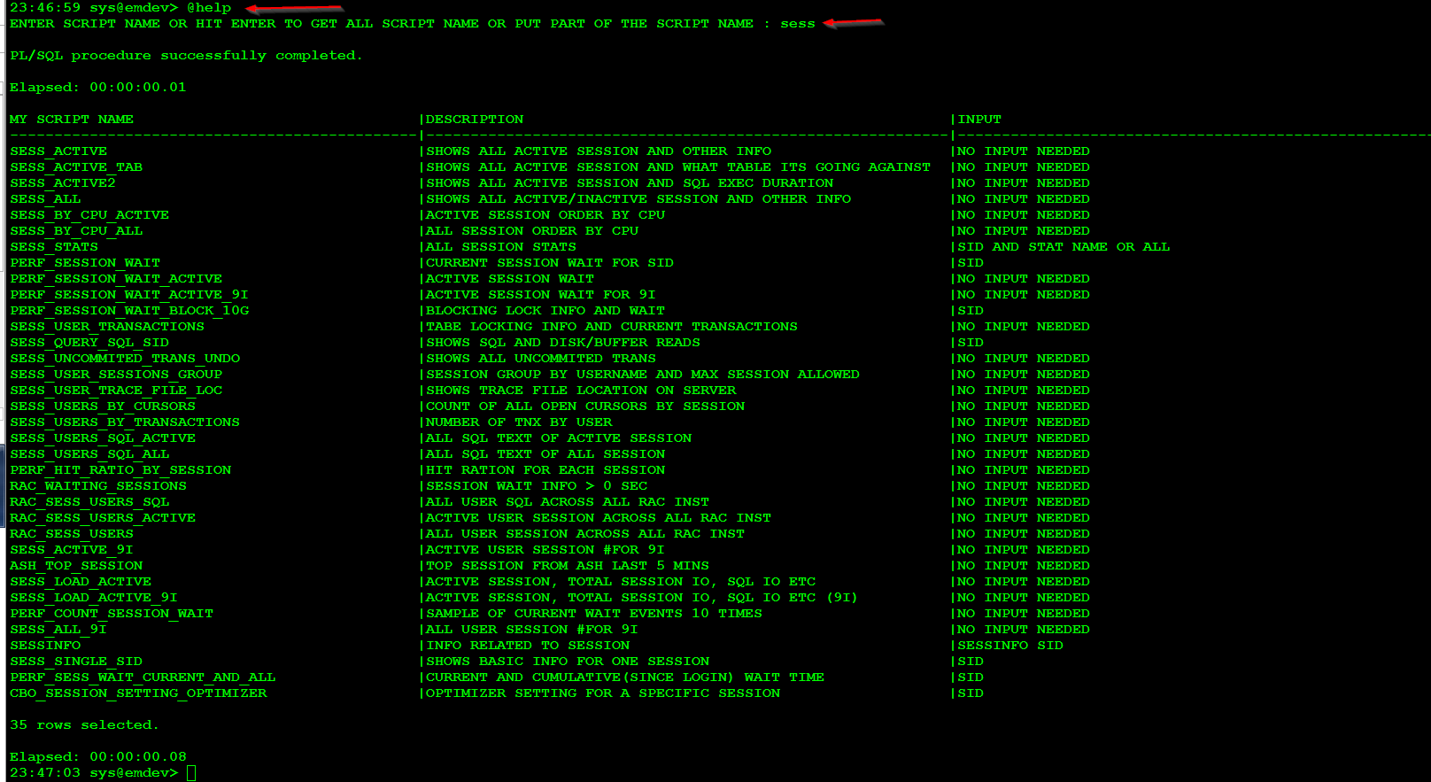 Sample run of help.sql file alt text