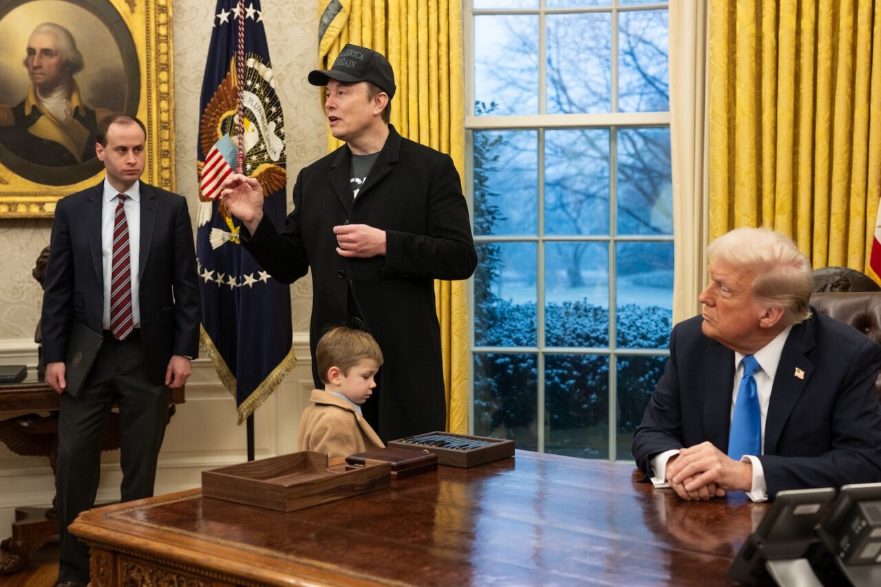 White House staff secretary Will Scharf (left), Elon Musk and his child X, and Donald Trump in the Oval Office on Feb 11, 2025.