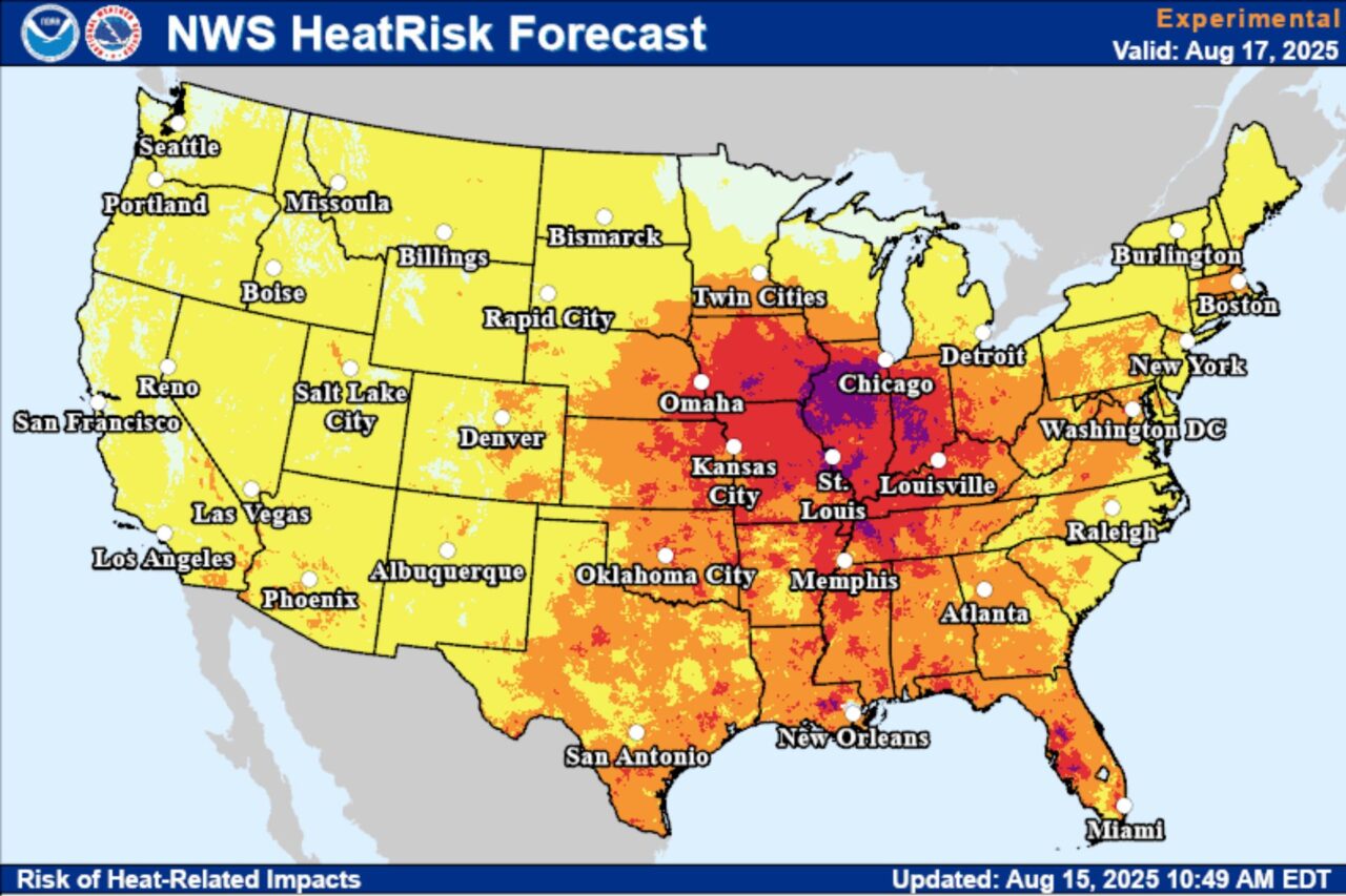 An NWS map of heat risk across the U.S. for August 17, 2025