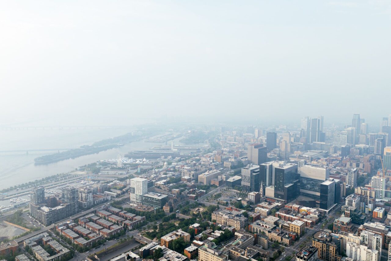 An aerial view of heavy smog blanketing Montreal, Canada