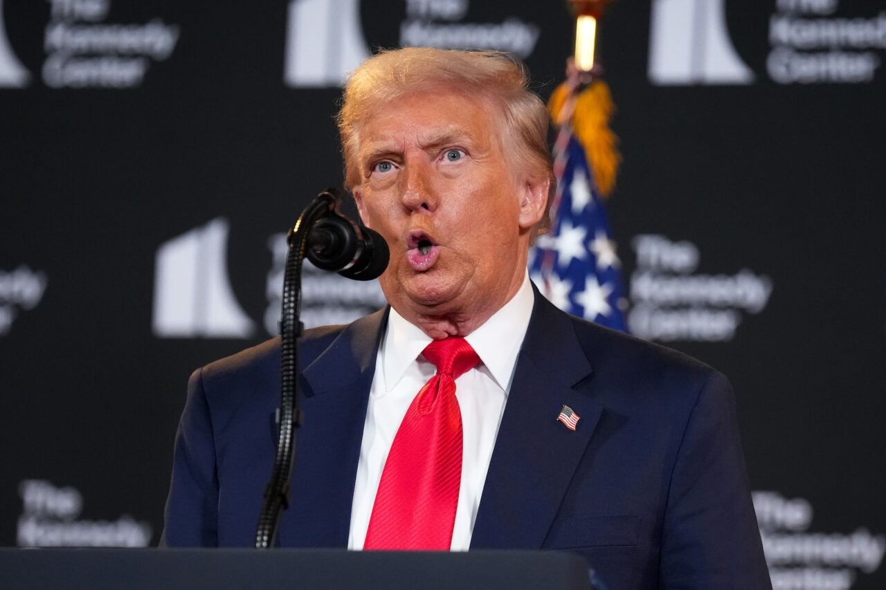 President Donald Trump mocks Federal Reserve Chair Jerome Powell as he speaks during an event at the Kennedy Center on August 13, 2025 in Washington, DC