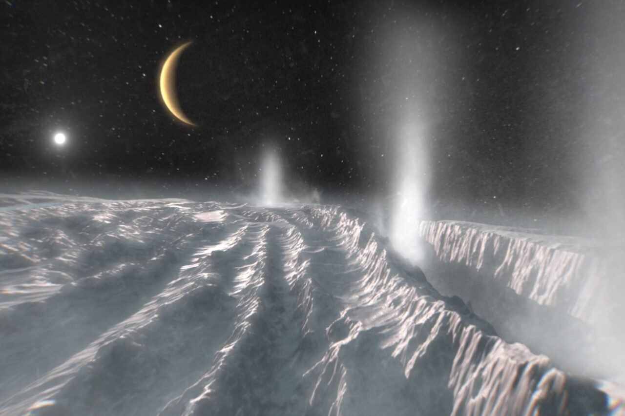 An artist's rendering of water erupting from the surface of Enceladus