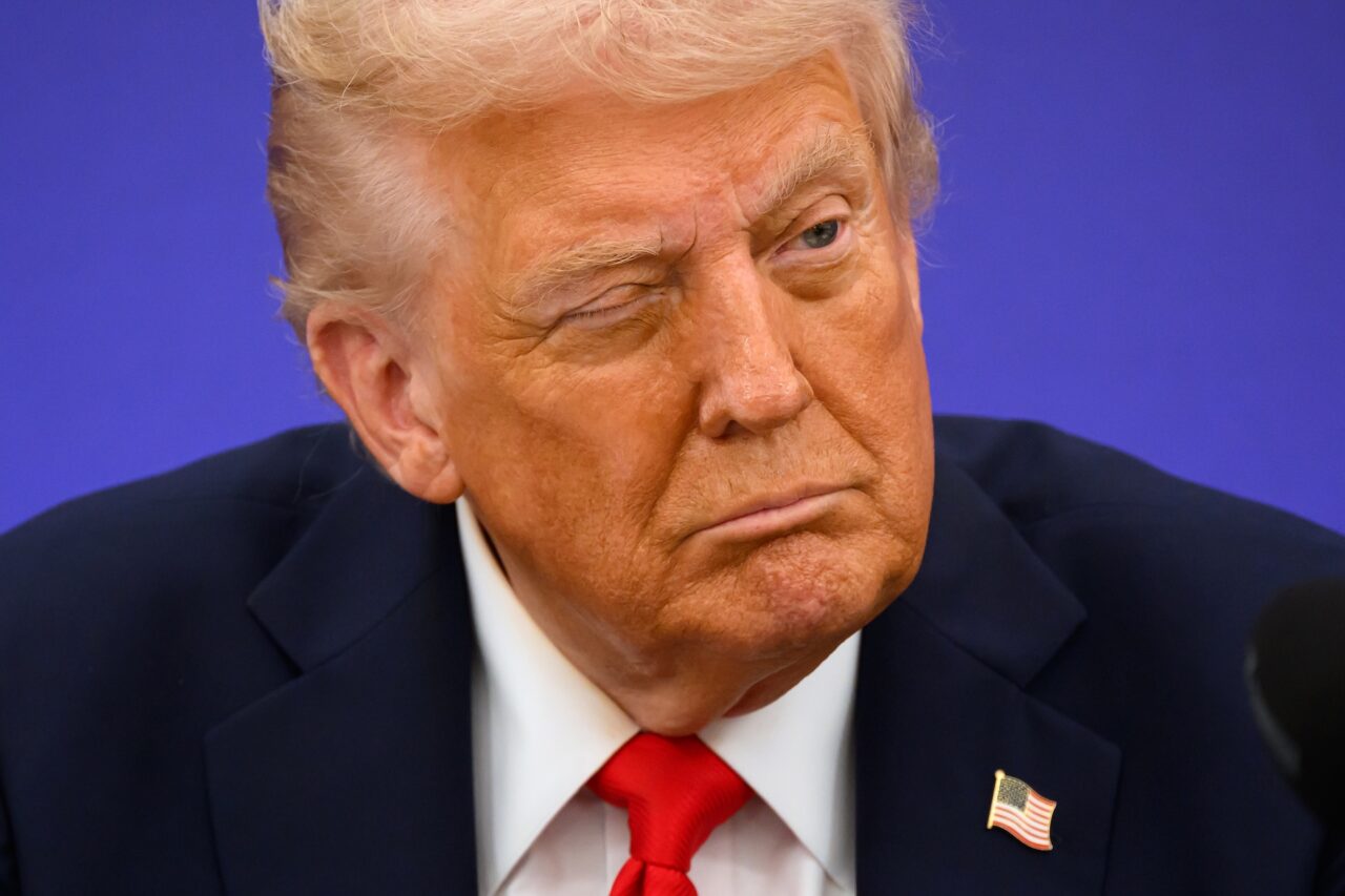 President Donald Trump winks as he announces an agreement with UK Prime Minister Keir Starmer between the two countries as they hold a press conference conference at Chequers at the conclusion of a state visit on September 18, 2025 in Aylesbury, England.