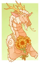 a halfbody drawing of a light orange imperial dragon on a green background. he is holding a bouquet of sunflowers and has a crown of daises on his head. he has a soft, kind expression