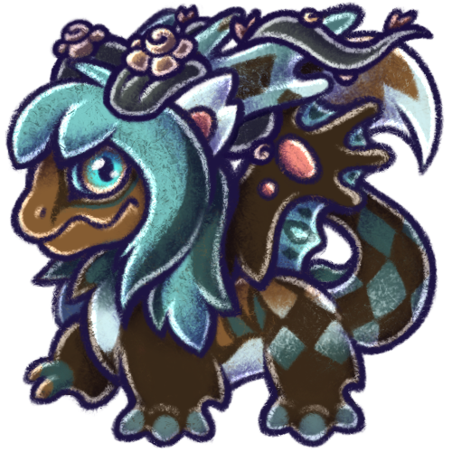 Digital illustration portraying Calypso, a Gaoler dragon with a fluffy coat of brown and blue.