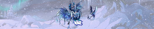 a blue-toned, winter-themed female fae next to a snow streak familiar in front of a faded winter scene