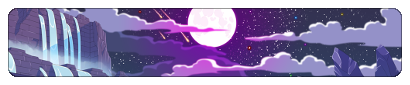 horizontal banner depicting night sky, with full moon and pink clouds in center, and waterfalls on left