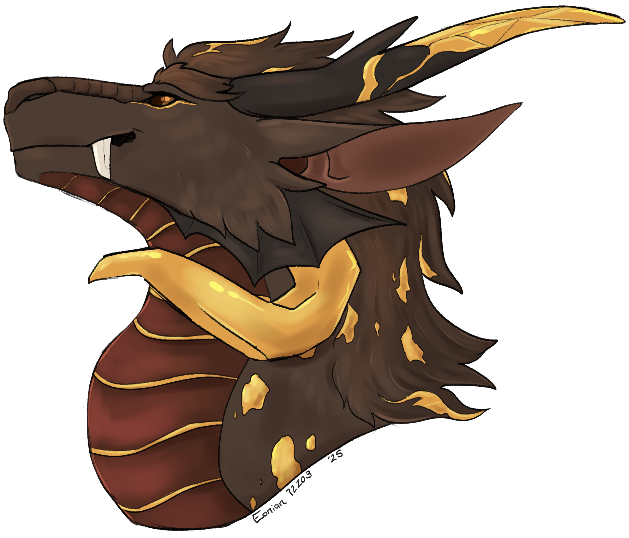 A brown and gold Imperial dragon with a gentle smile.