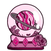 A pink suspended planet with three rings, with feathers and roses decorating the base.