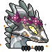 Headshot of a Wildclaw wearing a flower crown, their head bobs up and down, with sparks rising above them.