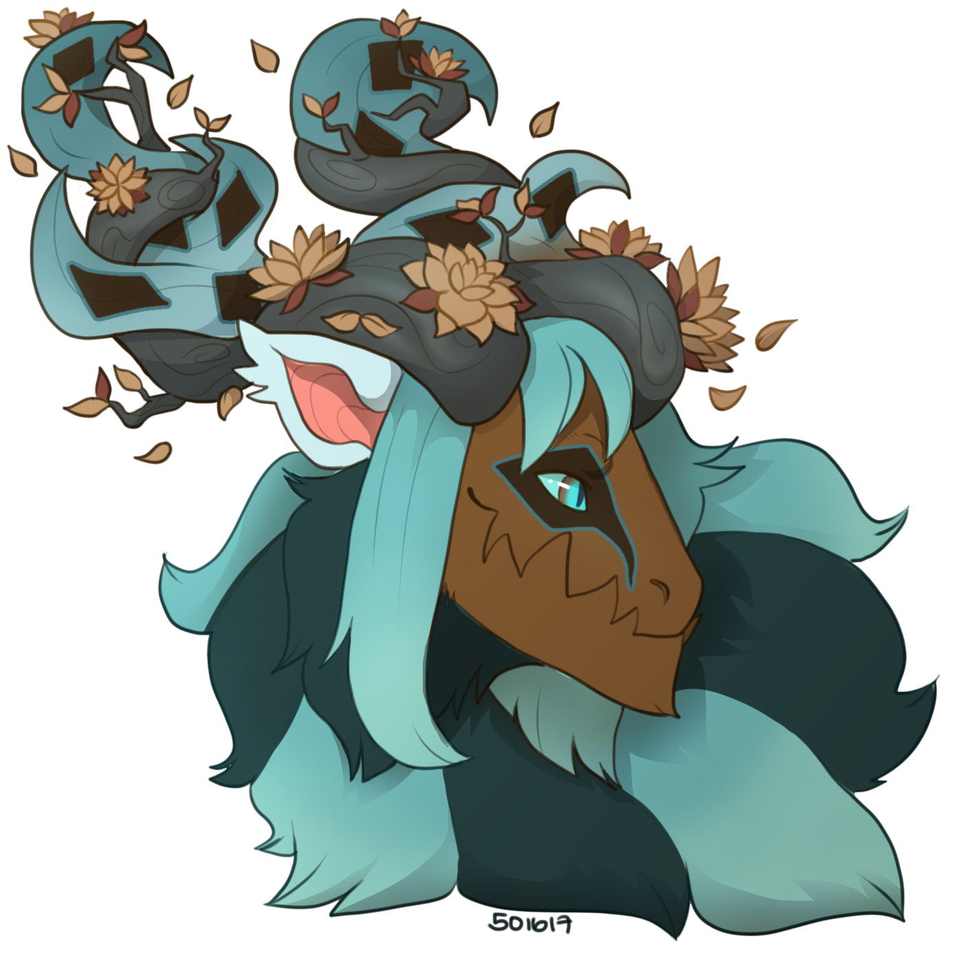 Digital illustration portraying Calypso, a Gaoler dragon with a fluffy coat of brown and blue.