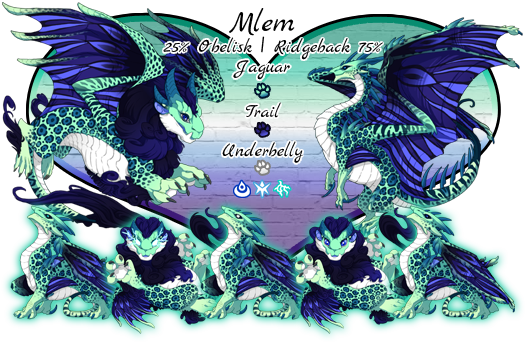 Mlem. Breed will be 25% Obelisk, 75% Ridgeback. Colors and Genes will be Mint Jaguar Primary, Indigo Trail Secondary, and White Underbelly Tertiary. Breeds in Water, Ice or Lightning. This pairs colors and genes resemble the Vincian Pride flag
