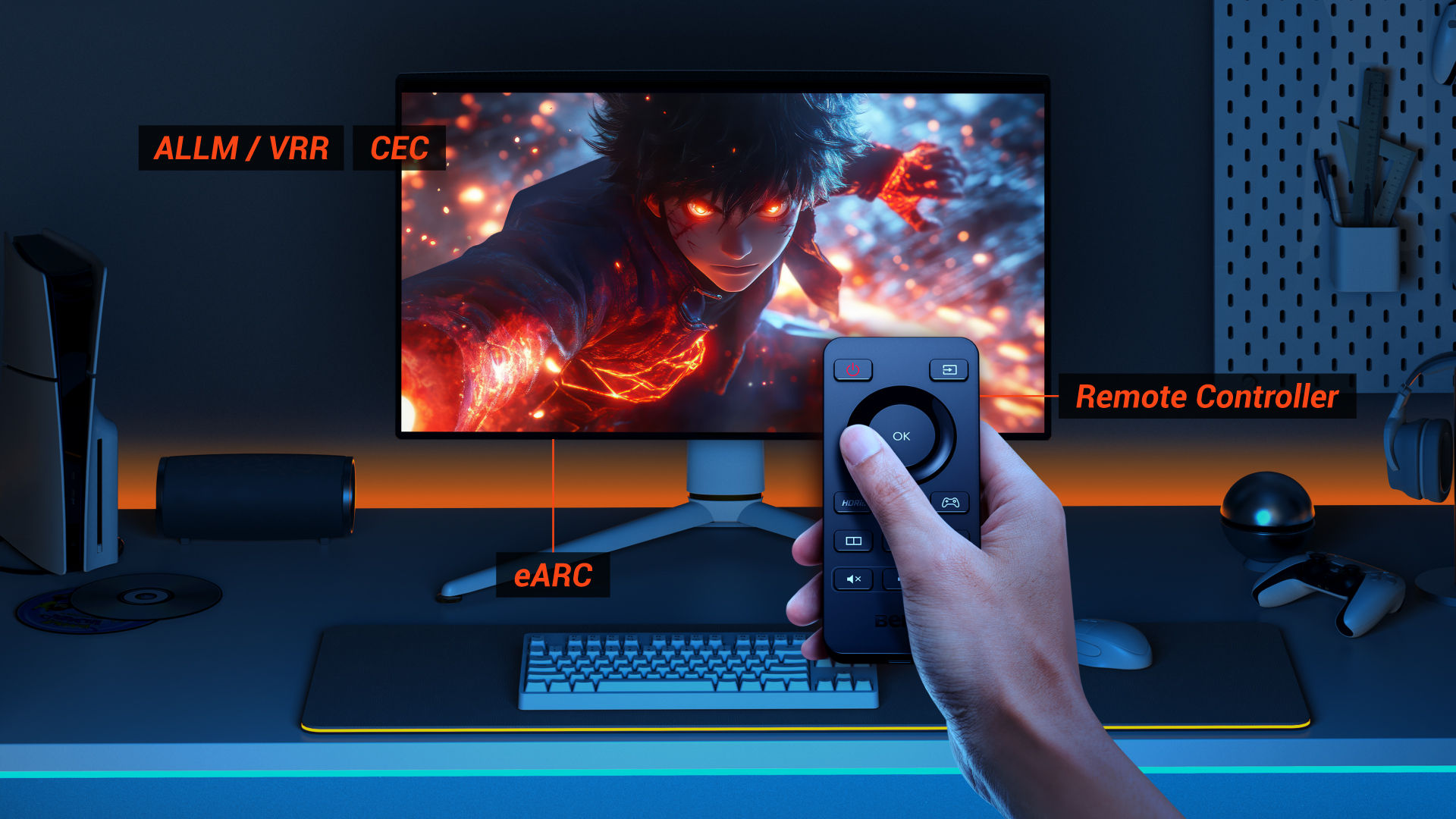 BenQ MOBIUZ monitors are equipped with a remote control, Auto Low Latency Mode, Variable Refresh Rate, Consumer Electronics Control, and Enhanced Audio Return Channel, delivering a console-oriented boost for an enhanced and seamless gaming experience.