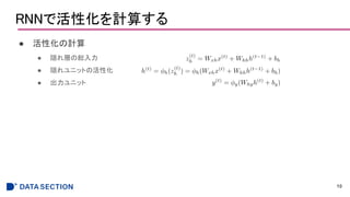 RNNで活性化を計算する
● 活性化の計算
● 隠れ層の総入力
● 隠れユニットの活性化
● 出力ユニット
10
 