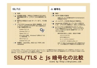 SSL/TLS Js 暗号化
1. 有料
2. 証明書の偽造、詐称などを検出するための
認証機能を持つ。(プロトコルの脆弱性に注
意)
3. 暗号化の保証は web サーバーまで。その後
は……
4. ブラウザの javascript 設定に無関係。ただ
しプロトコルはブラウザや OS の設定など
に強く影響を受ける。
◦ Firefox TLS 1.0
◦ Chrome TLS 1.1
◦ Opera TLS 1.2
1. 無料
2. MITM 攻撃の可能性
◦ 店頭でオレオレ証明書を配布する方法もあるが、
非現実的すぎる。
3. メールでデータを受け取るまで暗号化。
4. javascript が有効になっていないと使えな
いが、ブラウザに関係なく AES とか使える。
5. js ライブラリの検証等がなされていない。
たとえ検証されていても、スクリプトダウ
ンロード中での MITM 攻撃やサーバーク
ラックに弱い
◦ 復号失敗が発⽣した場合、原因が不明瞭
SSL/TLSSSL/TLS とととととととと jsjs 暗号化暗号化暗号化暗号化のののの比較比較比較比較暗号化暗号化暗号化暗号化のののの比較比較比較比較
◦ Opera TLS 1.2
◦ IE は OS に依存。Windows7 以降なら TLS
1.2 使用可能。※
◦ iOS 5 TLS 1.2
◦ android TLS 1.0?
5. 信頼性 : OpenSSL, NSS など FIPS 140
validated
◦ 復号失敗が発⽣した場合、原因が不明瞭
スクリプトのバグ?
MITM 攻撃された?
サーバーがクラックされた?
どこかでデータの改ざんがあった?
◦ W3C で Web Cryptography API が策定中なの
で、これが勧告されて実装されれば改善される
※ mmc のグループポリシーオブジェクトエディタにて[コンピュータの構成¥Windows の設定¥セキュリティの設定¥ローカルポリシー¥セ
キュリティオプション]にある[システム暗号化: 暗号化、ハッシュ、署名のための FIPS 140 準拠暗号化アルゴリズムを使う] を有効にする必
要がある。ただしこれを⾏うと RC4 が使用不可になる模様
Icons by http://dryicons.com
 