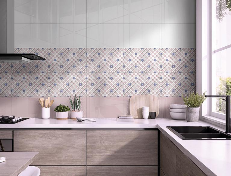 /GFT SPH Filmreel Floral Pink HL, GFT SPB Floral Grid White & GFT SPB Floral Grid Pink_Kitchen Ambiance_Ceramic Sparkle Wall Tiles_300x450 MM.jpg