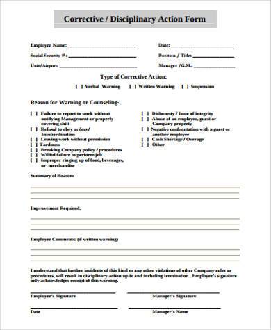 corrective disciplinary action form