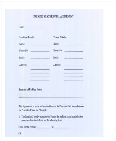 parking space rental agreement form