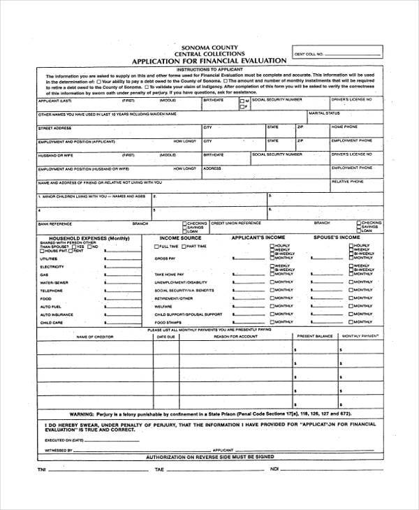financial evaluation form sample