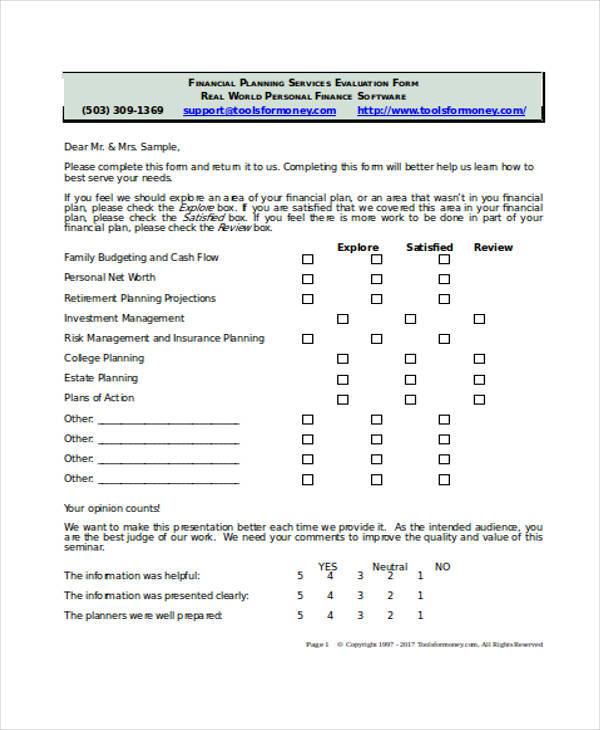 financial planning services evaluation form