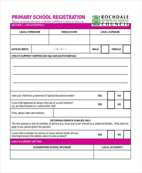 primary school registration form