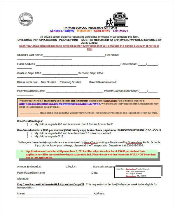 private school registration form