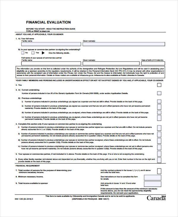 sponsor financial evaluation form