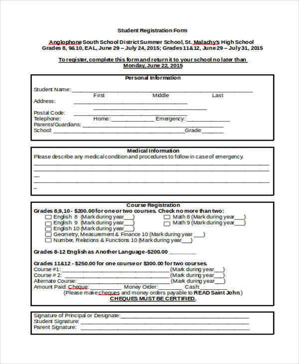 student registration form in doc